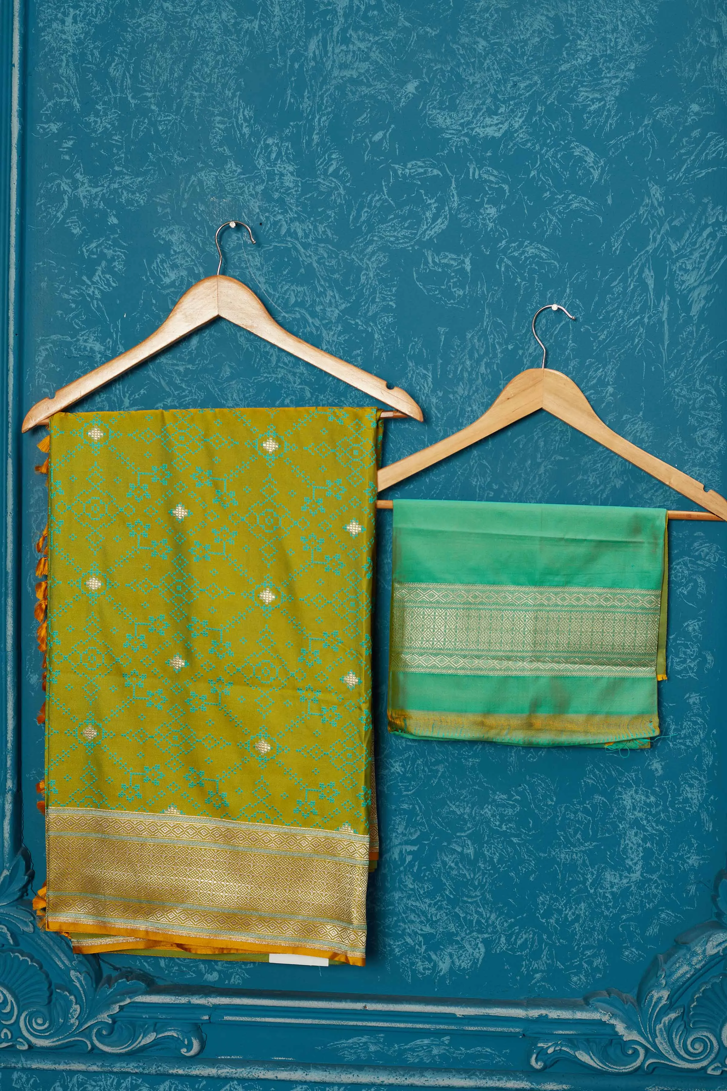 91A246 Yellowish Green Mashru Banarasi Sari with Zari Border