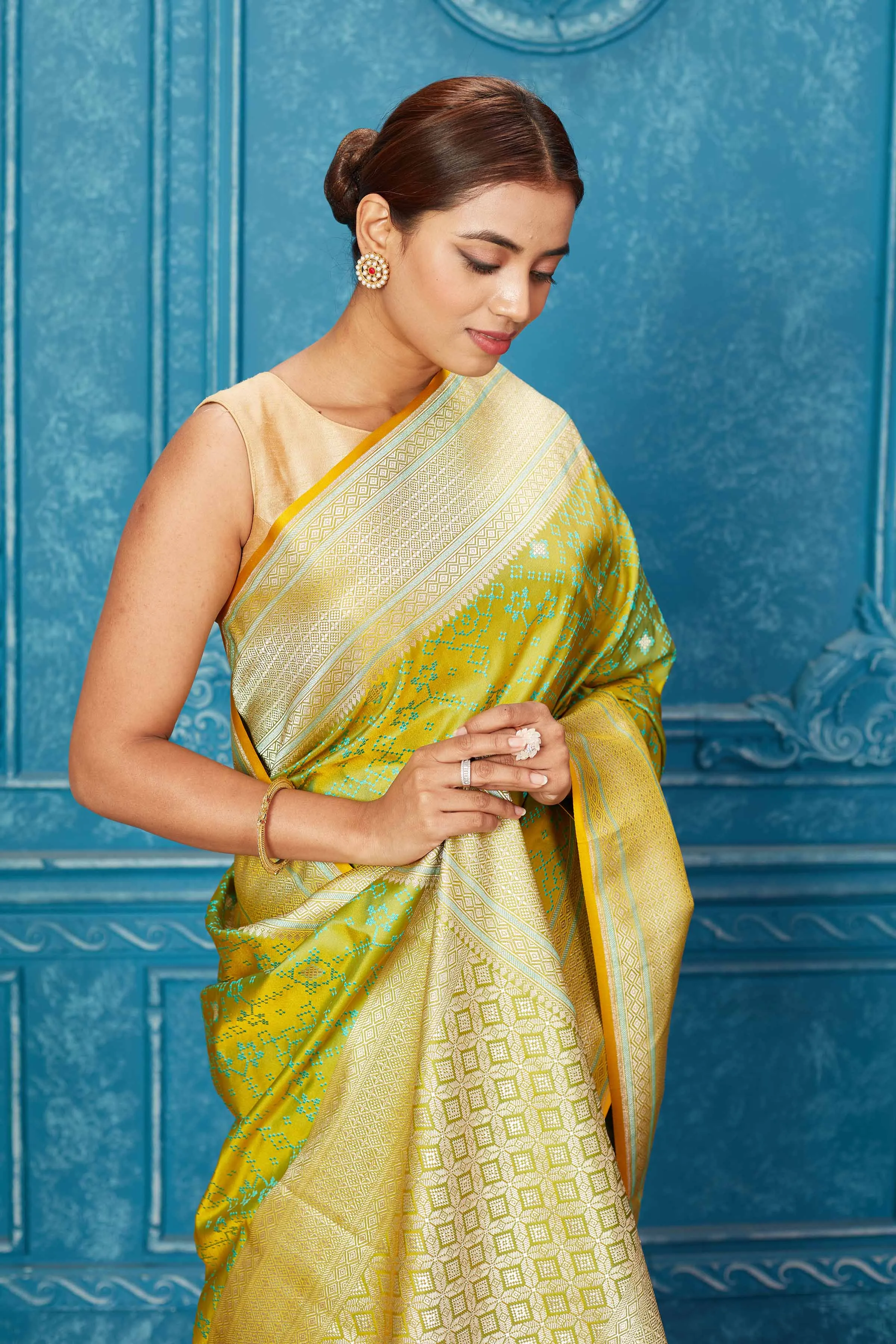 91A246 Yellowish Green Mashru Banarasi Sari with Zari Border