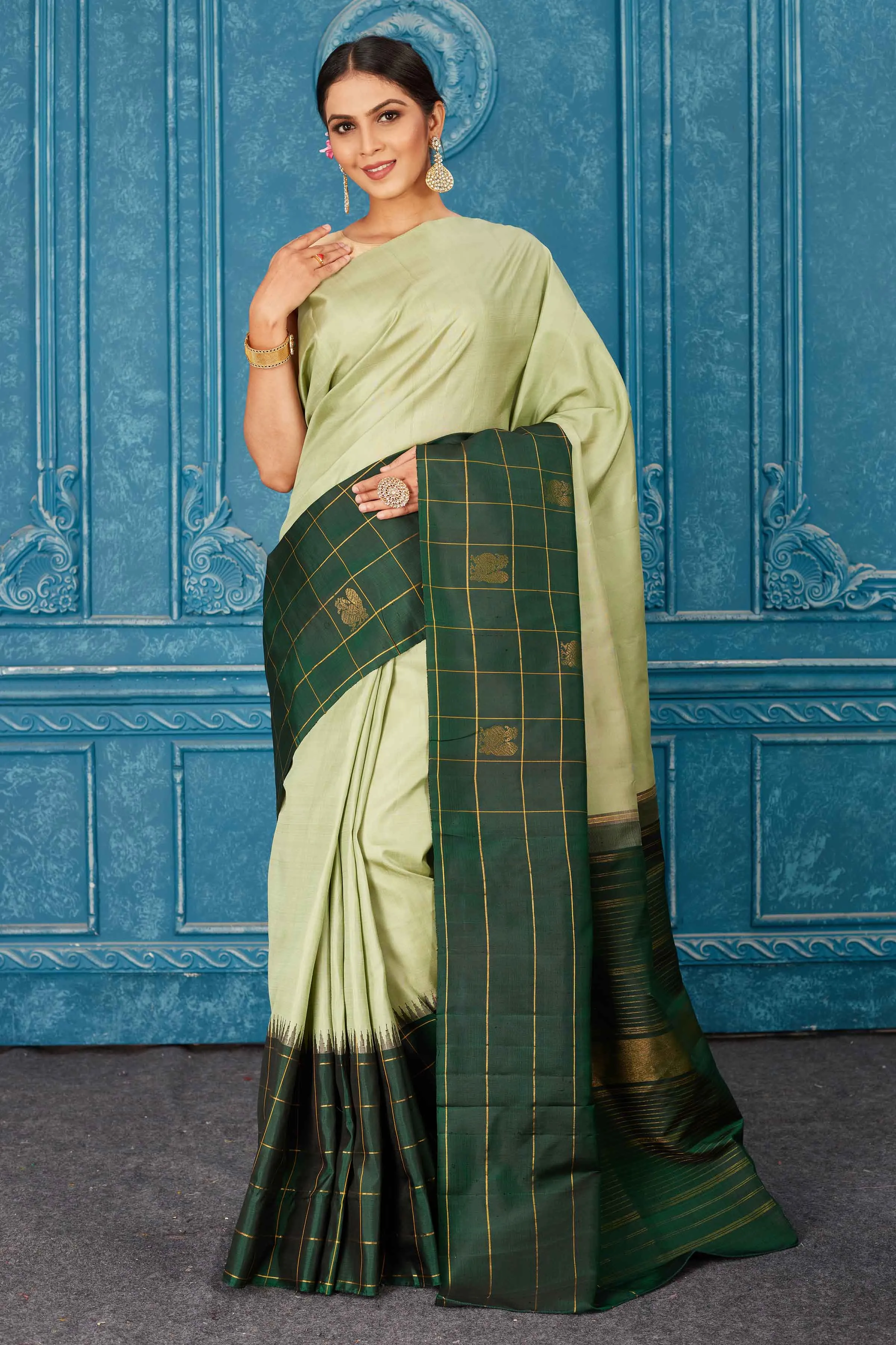 91A470 Pista Green Gadhwal Silk Saree with Dark Green Check Border