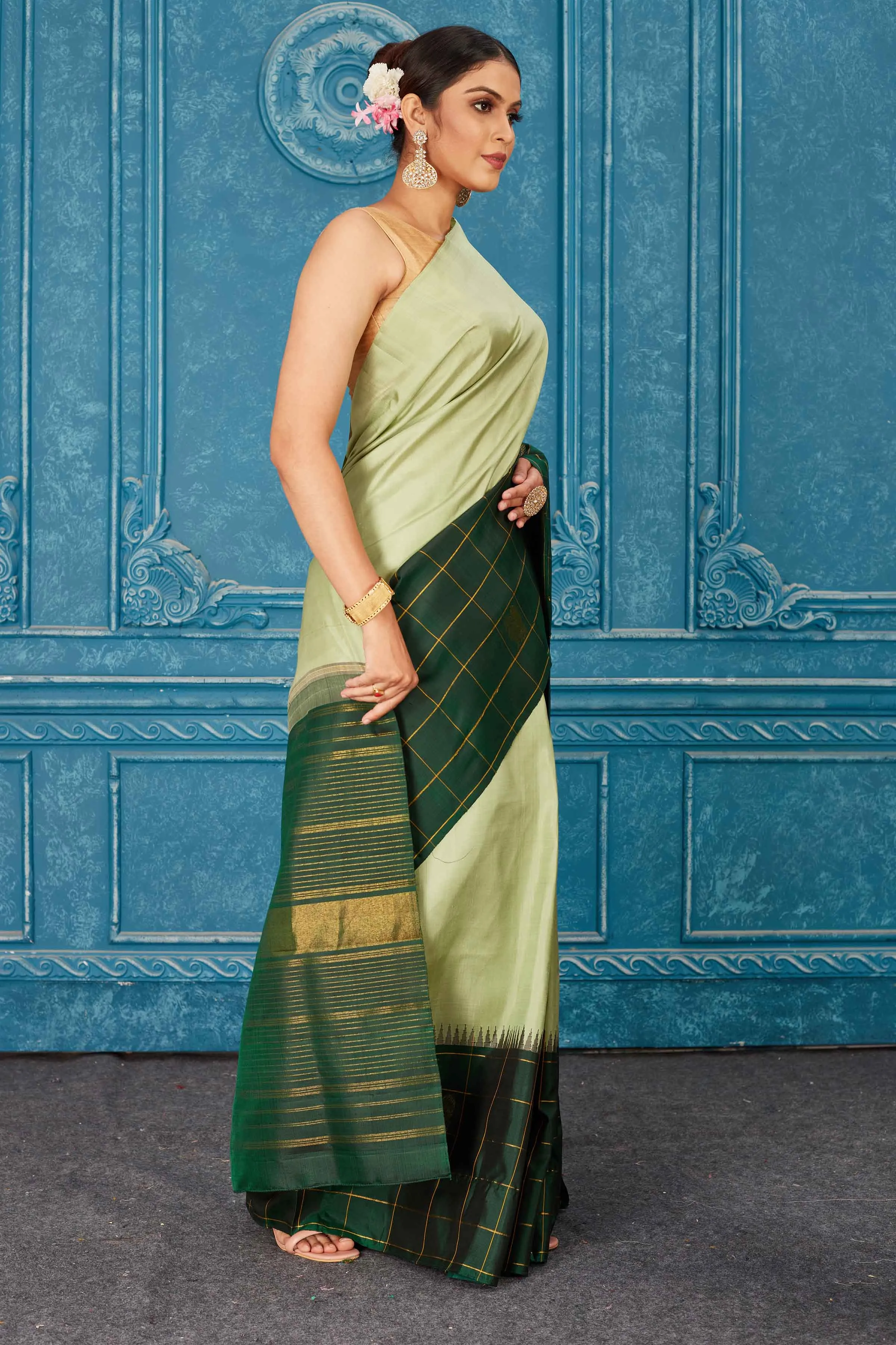 91A470 Pista Green Gadhwal Silk Saree with Dark Green Check Border