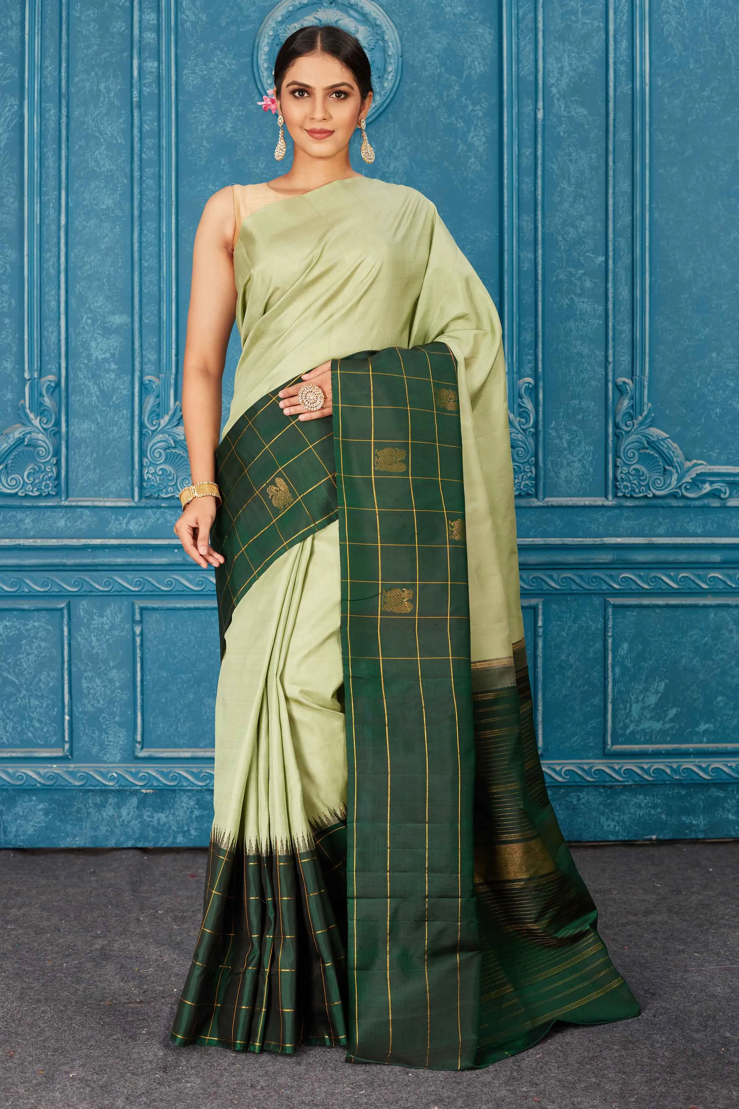 91A470 Pista Green Gadhwal Silk Saree with Dark Green Check Border