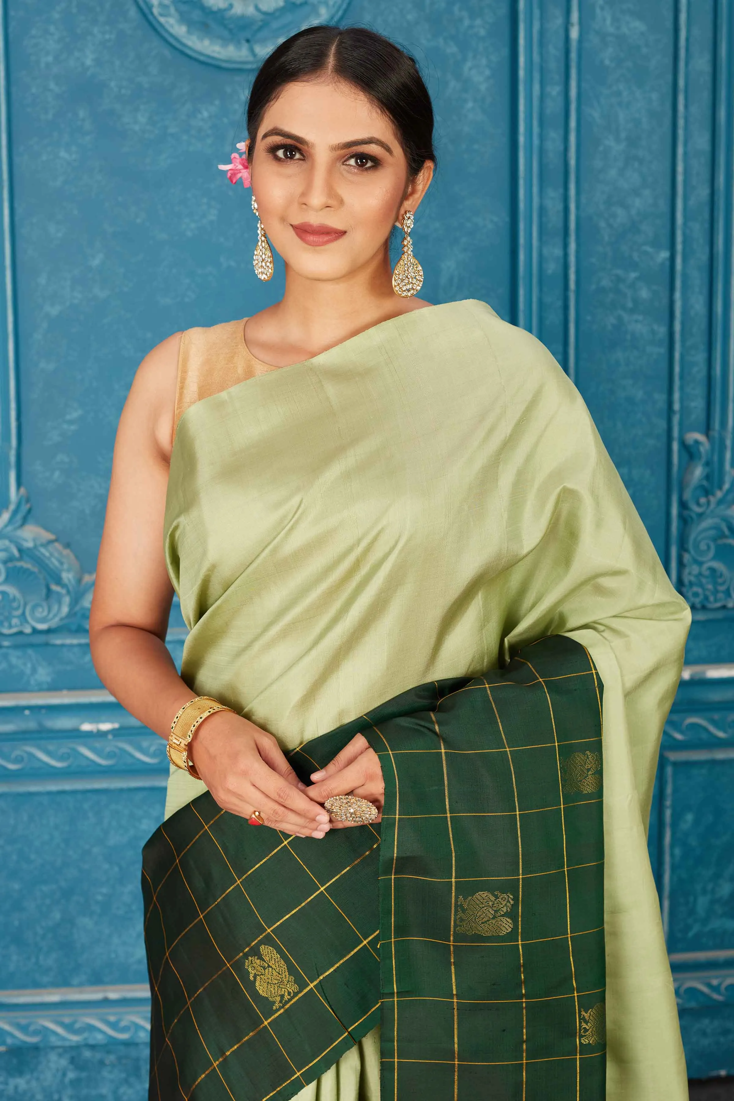 91A470 Pista Green Gadhwal Silk Saree with Dark Green Check Border