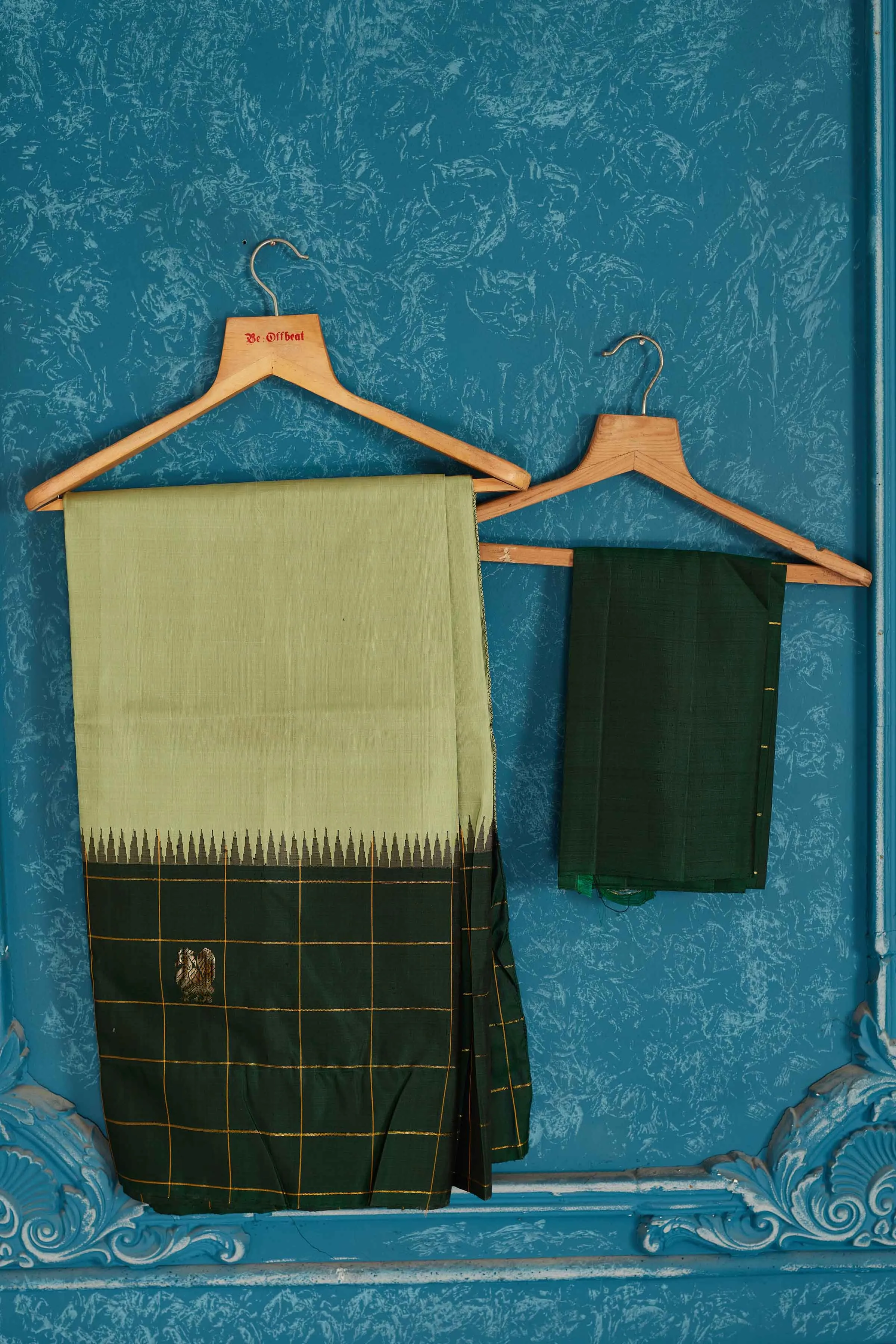 91A470 Pista Green Gadhwal Silk Saree with Dark Green Check Border