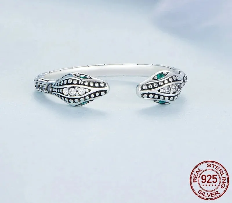 925 Sterling Silver Double Snakeheads Adjustable Open Ring for Women