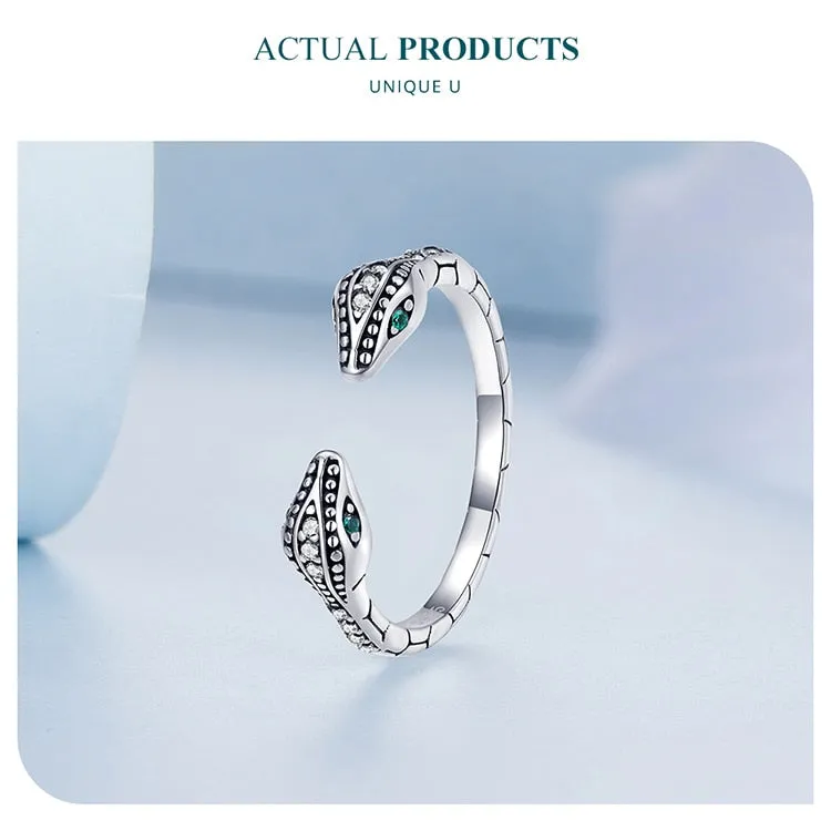 925 Sterling Silver Double Snakeheads Adjustable Open Ring for Women