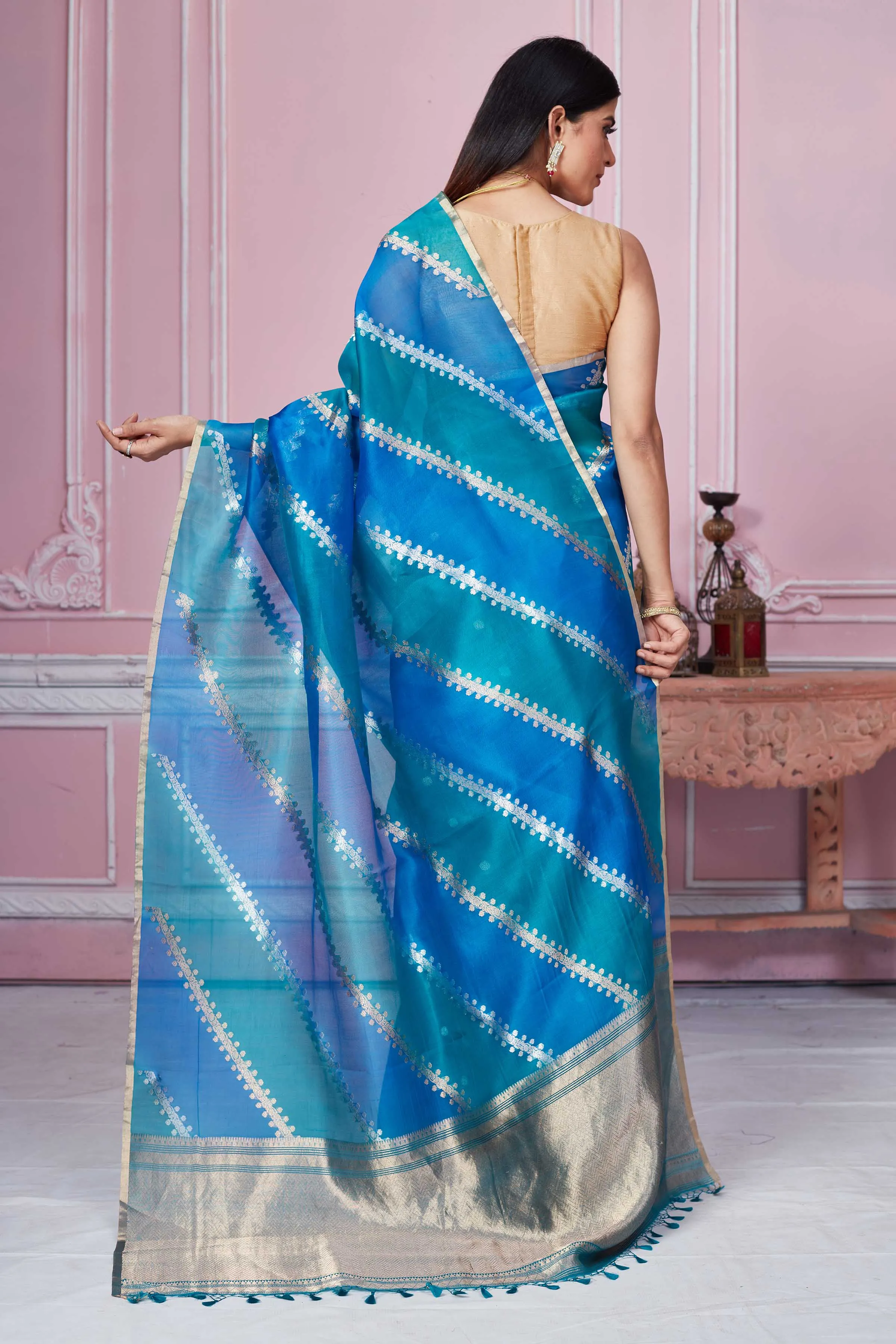 92A237 Sea Blue Banarasi Saree With Silver Zari Stripes and Buta