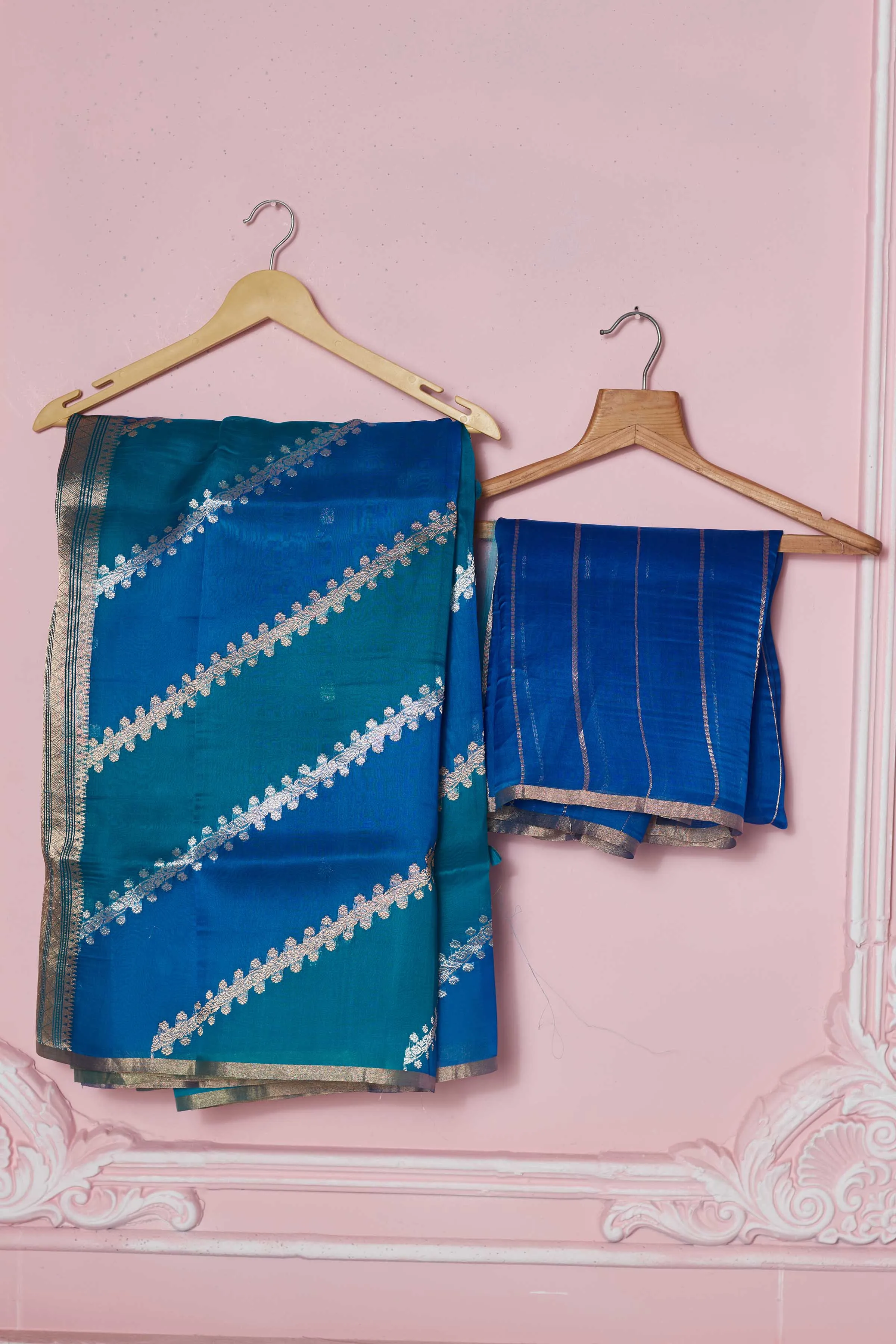 92A237 Sea Blue Banarasi Saree With Silver Zari Stripes and Buta