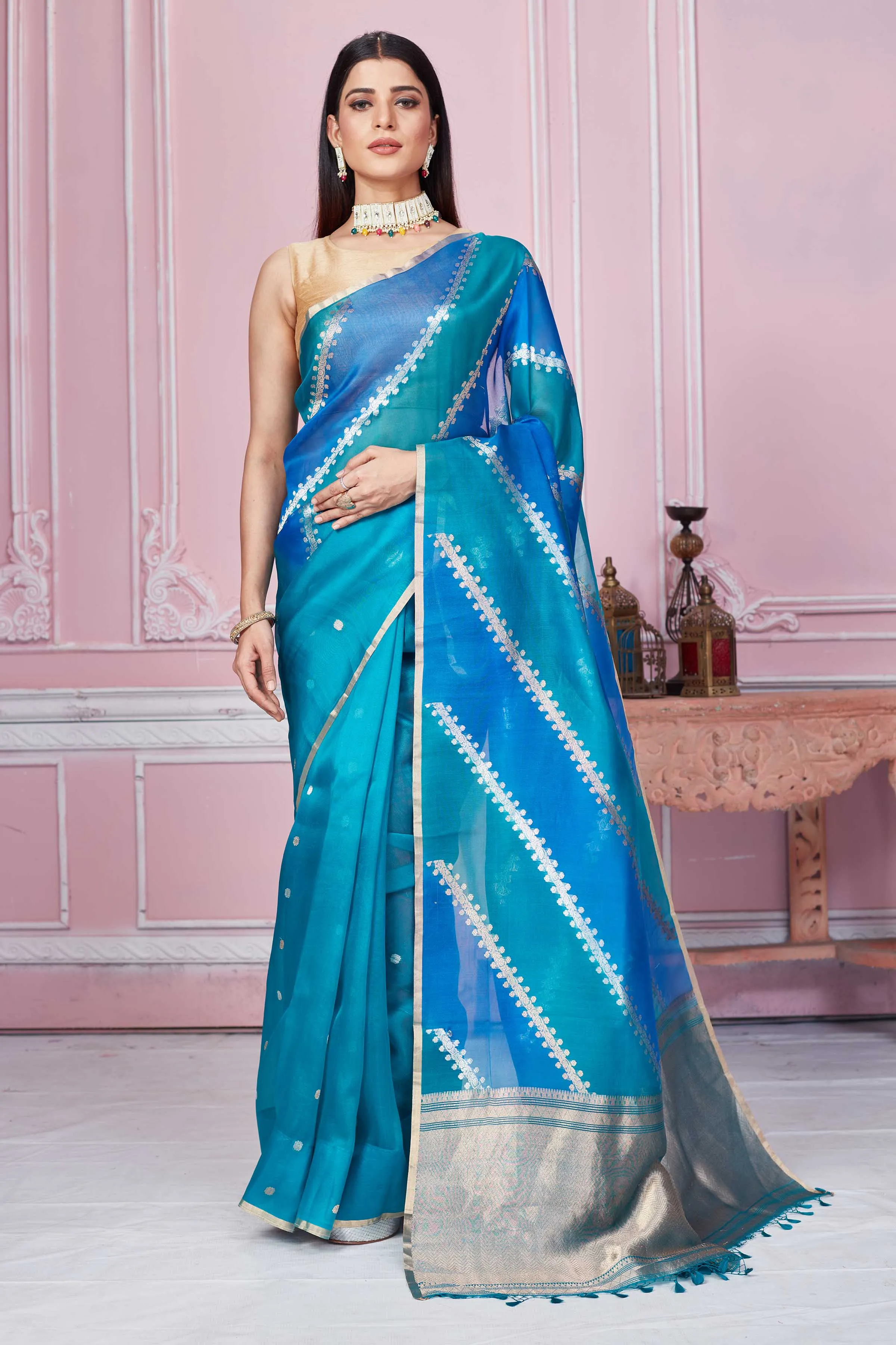 92A237 Sea Blue Banarasi Saree With Silver Zari Stripes and Buta