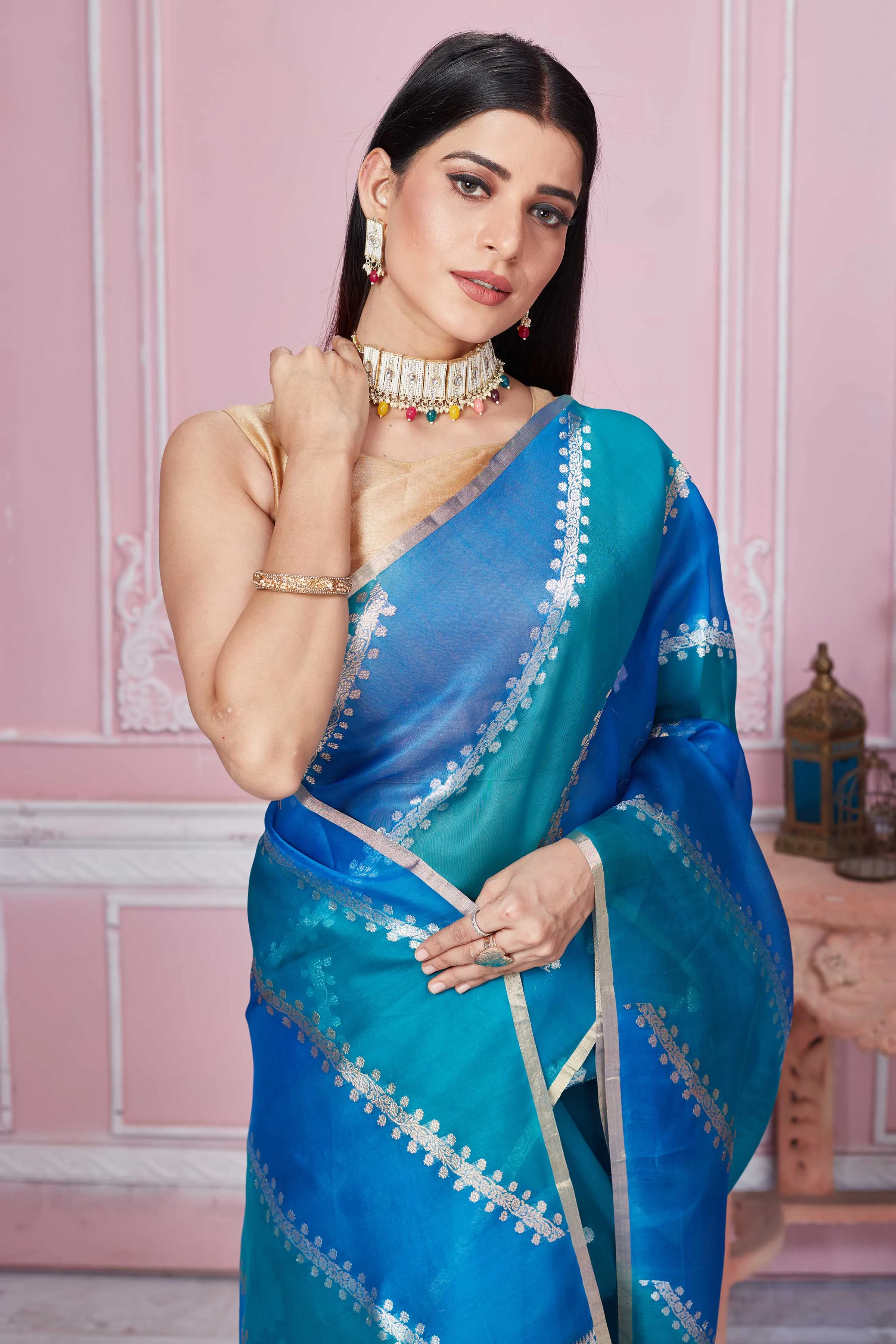 92A237 Sea Blue Banarasi Saree With Silver Zari Stripes and Buta