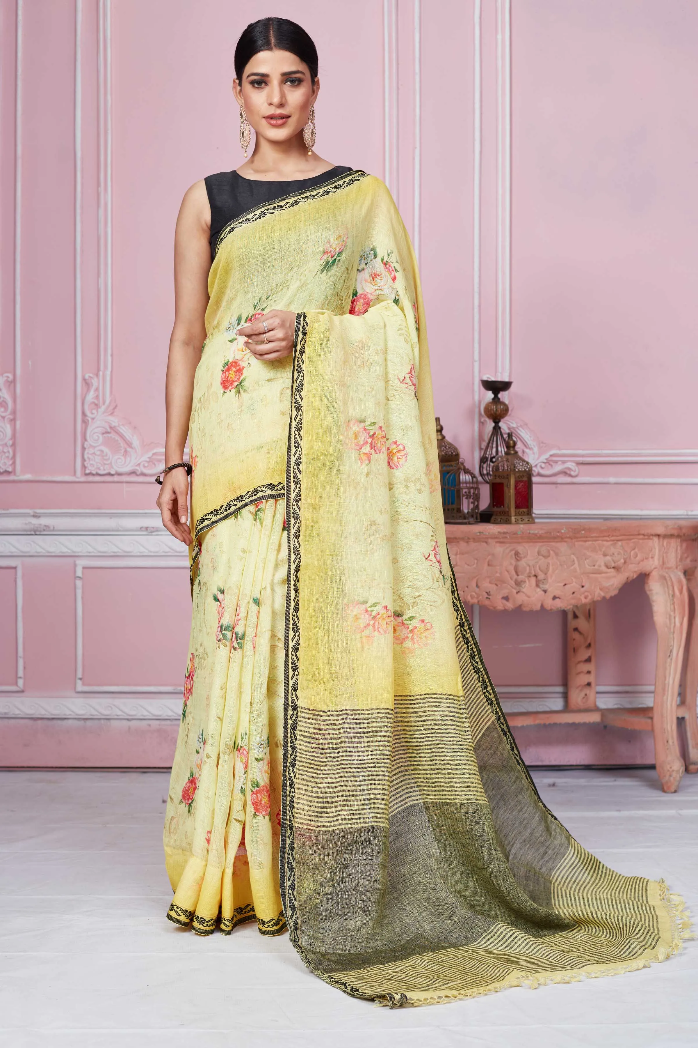 92A279 Yellow Floral Print Linen Saree With Striped Pallu