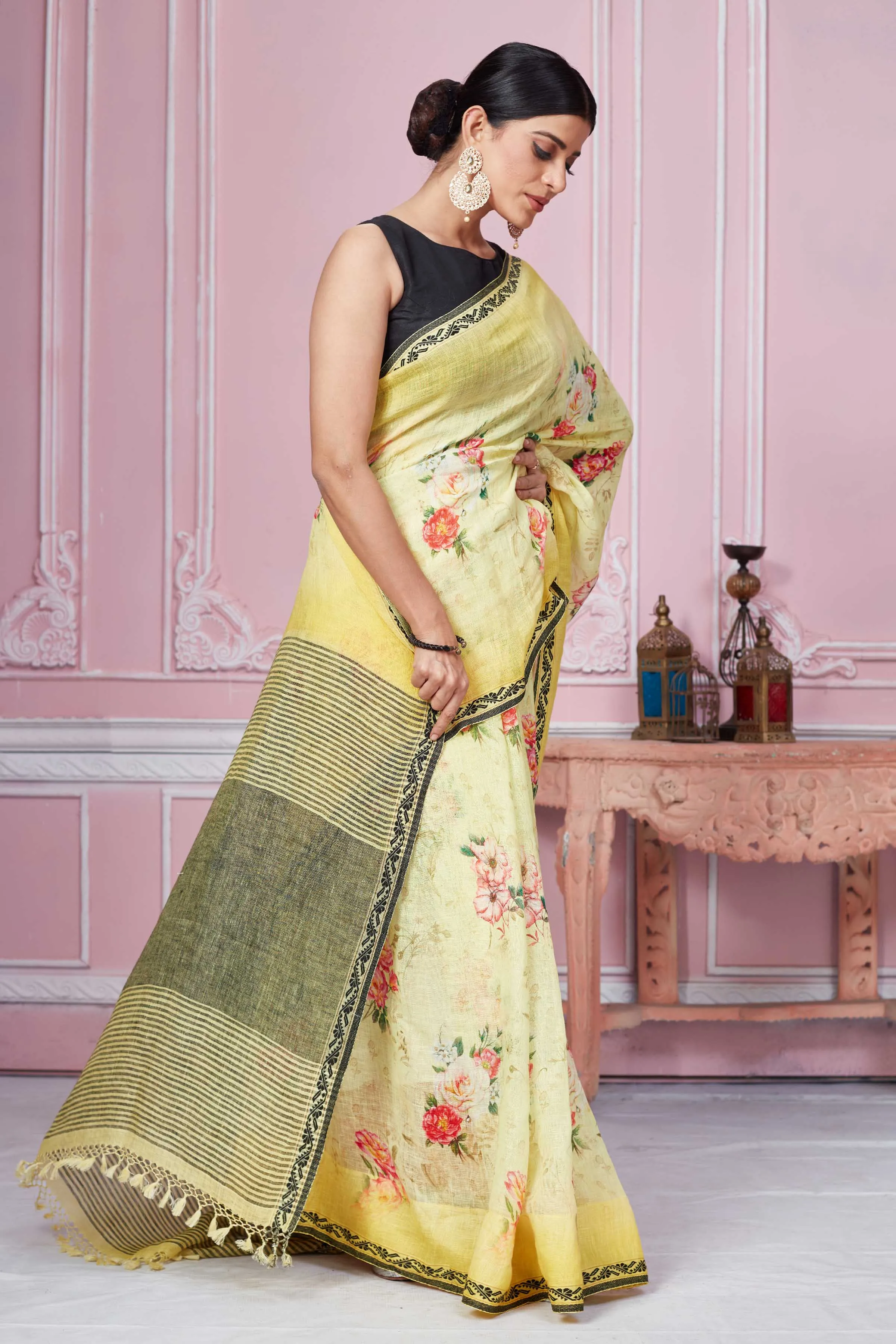 92A279 Yellow Floral Print Linen Saree With Striped Pallu