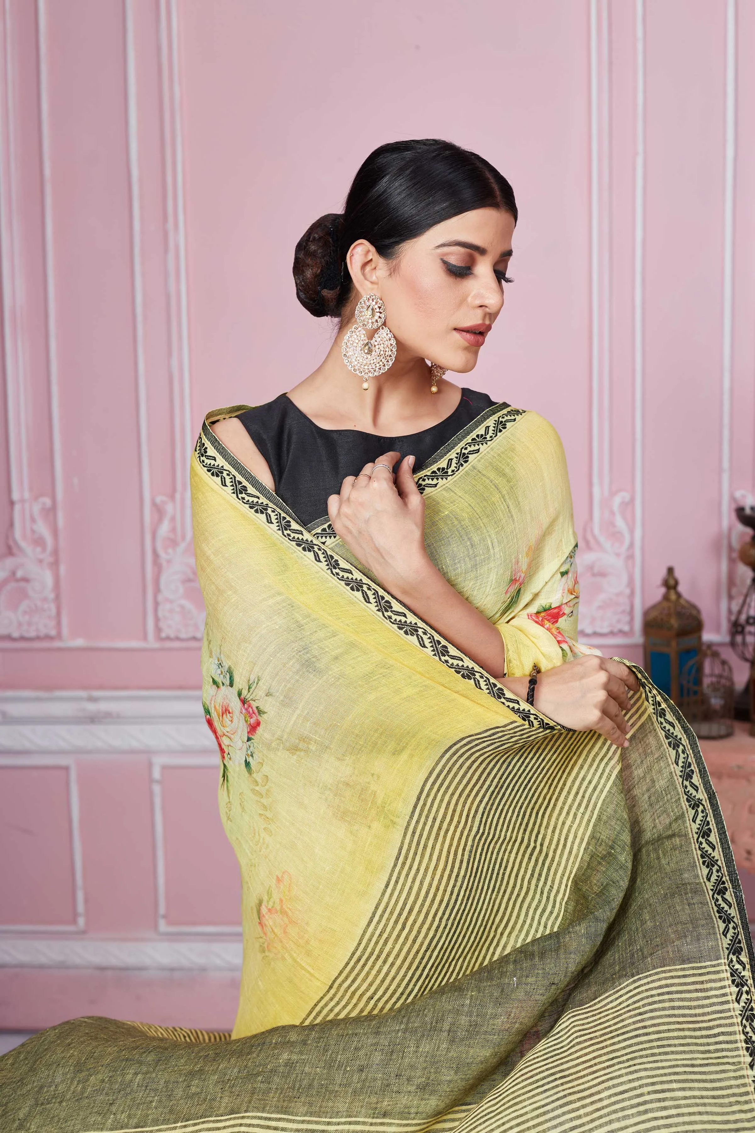 92A279 Yellow Floral Print Linen Saree With Striped Pallu