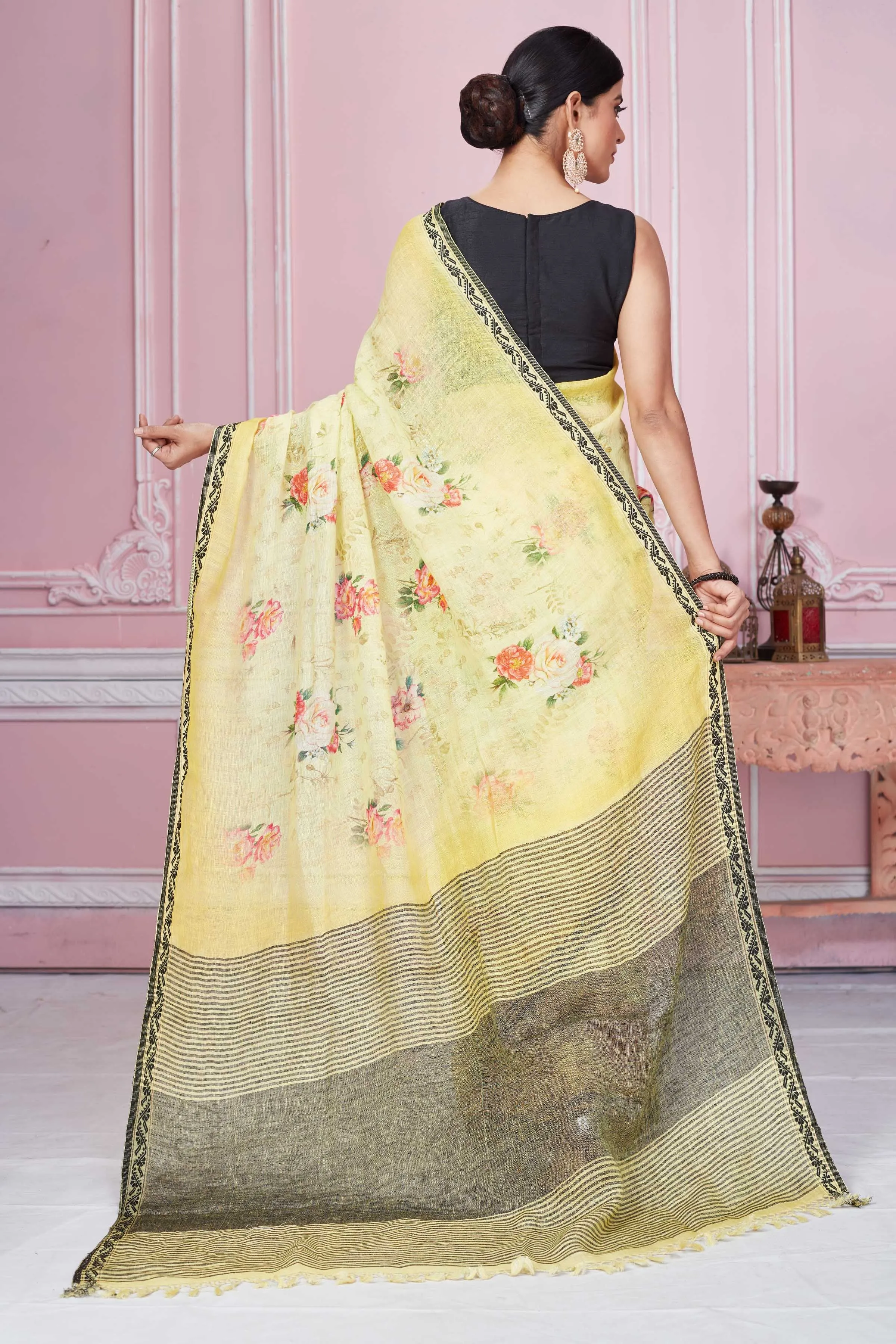 92A279 Yellow Floral Print Linen Saree With Striped Pallu