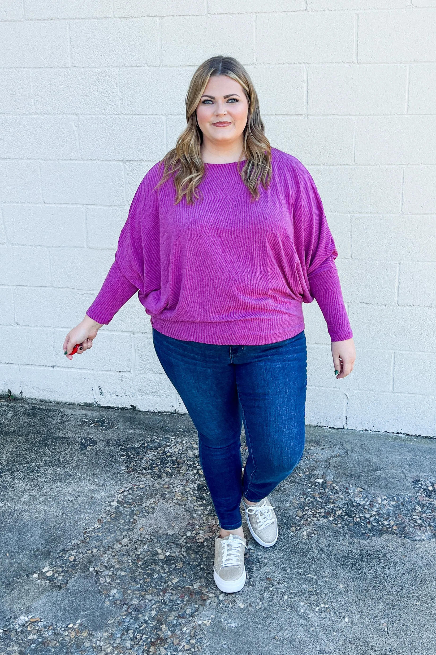 A New Light Waffle Knit Dolman Top, Eggplant