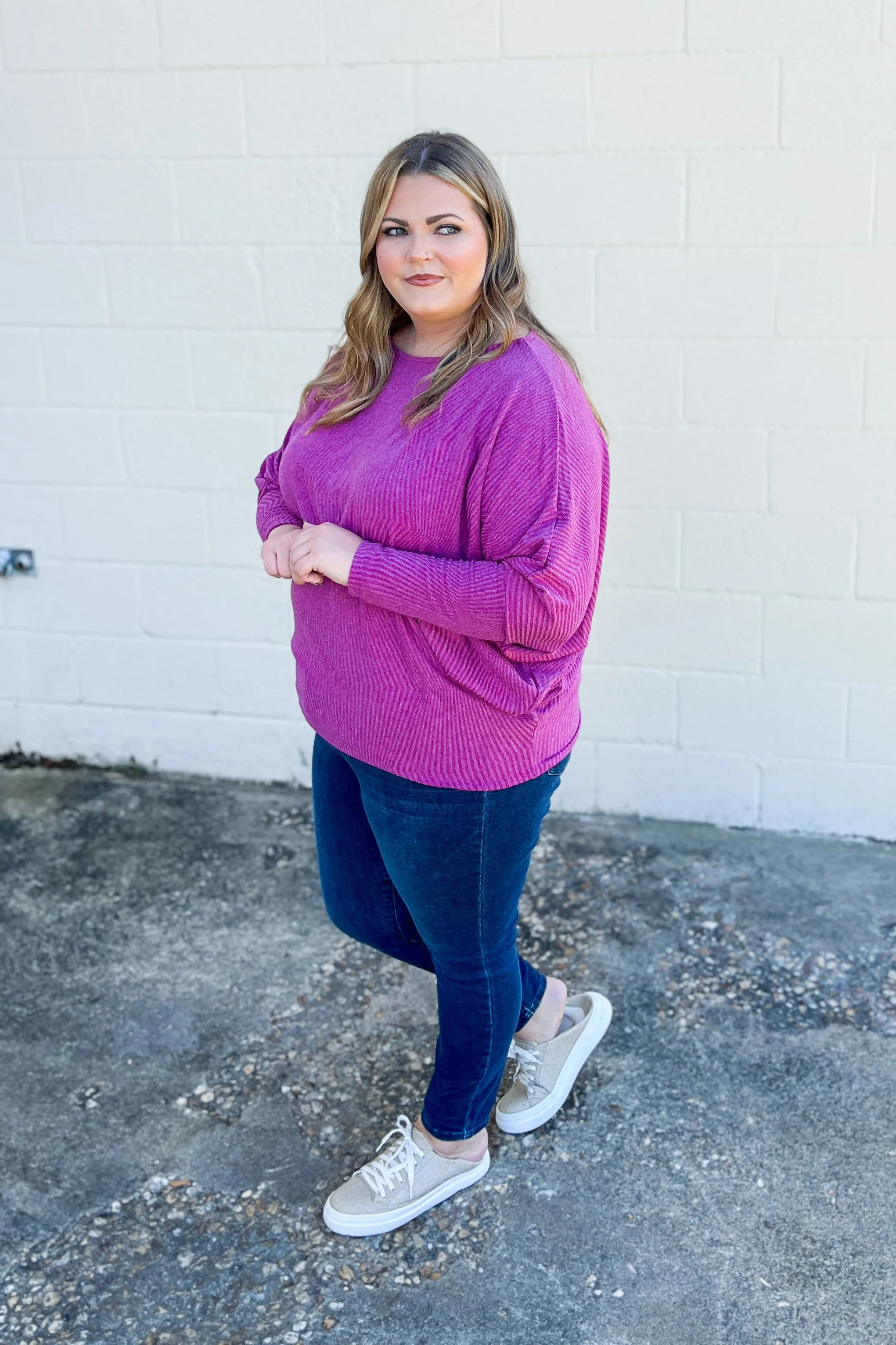 A New Light Waffle Knit Dolman Top, Eggplant