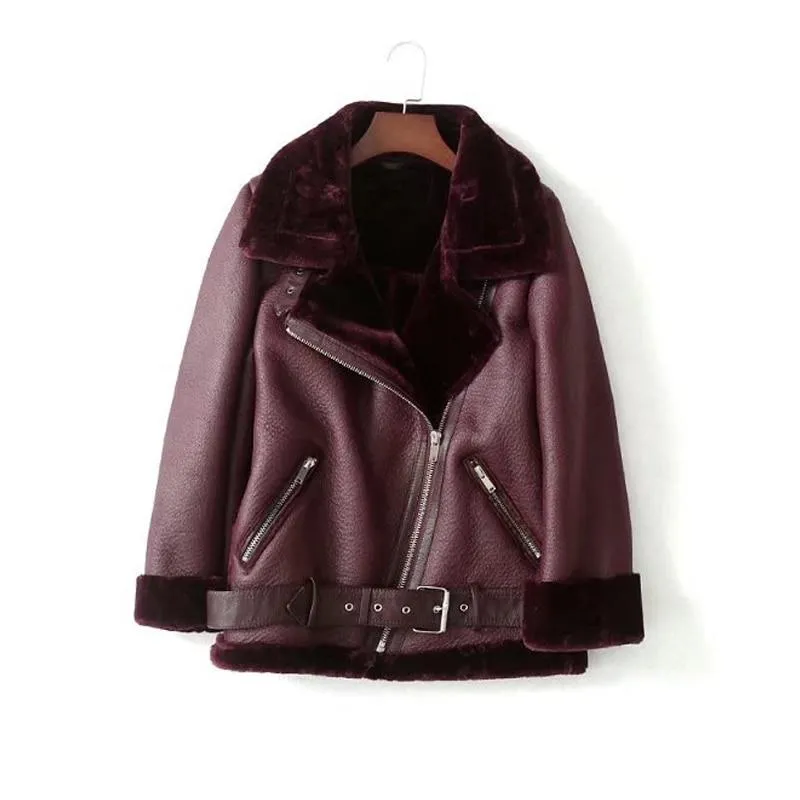 Autumn Winter Synthetic Leather Soft Coat Fur Collar Zipper Women's Jacket