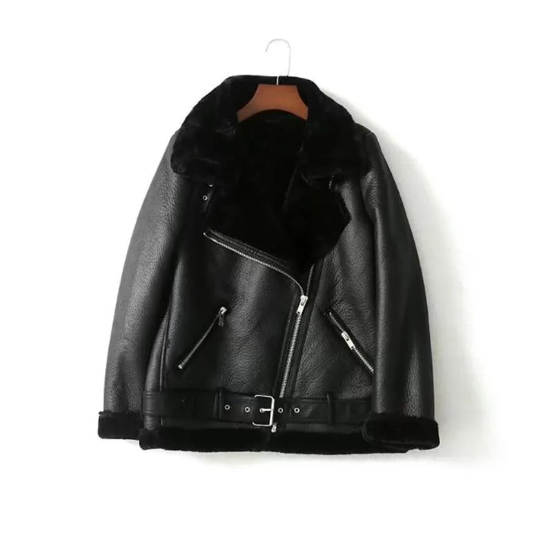 Autumn Winter Synthetic Leather Soft Coat Fur Collar Zipper Women's Jacket