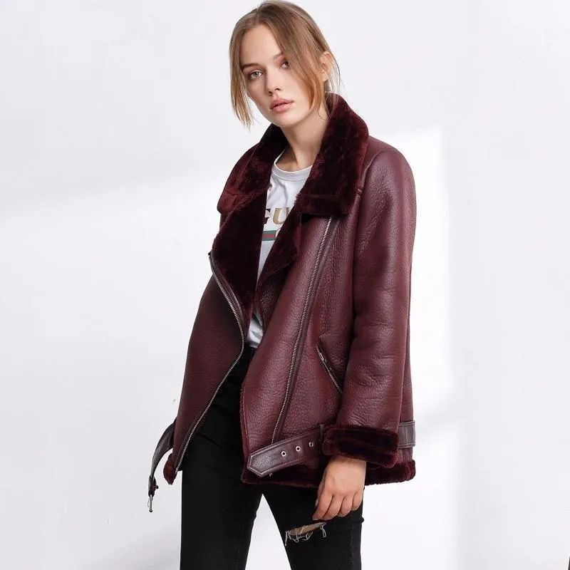 Autumn Winter Synthetic Leather Soft Coat Fur Collar Zipper Women's Jacket