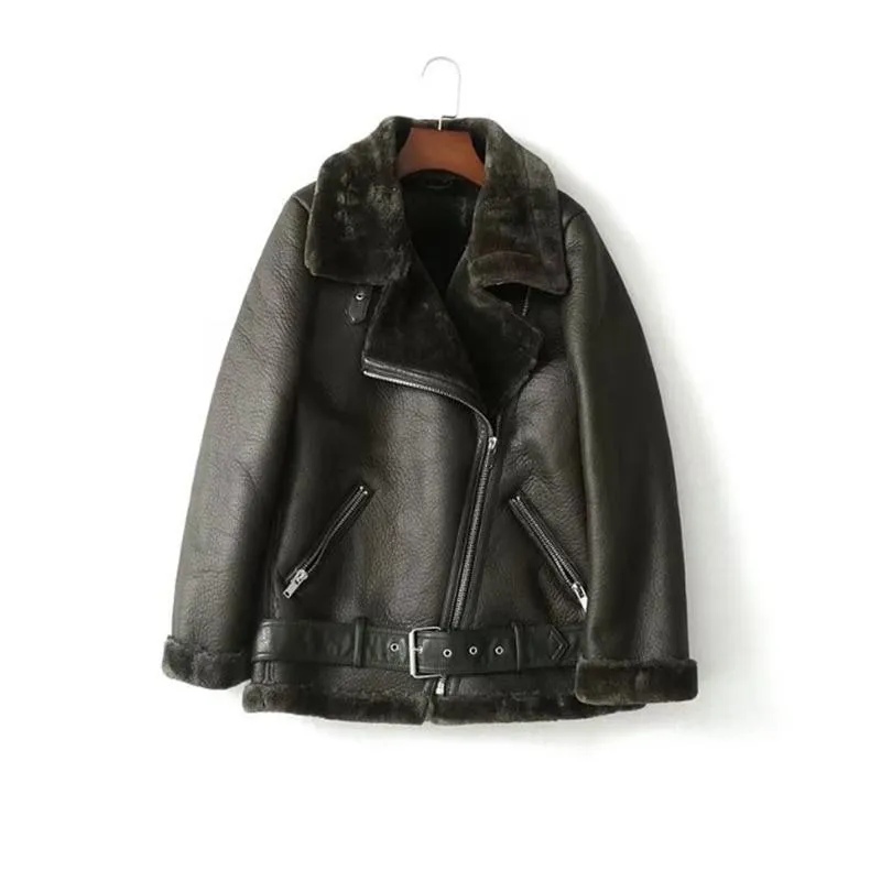 Autumn Winter Synthetic Leather Soft Coat Fur Collar Zipper Women's Jacket