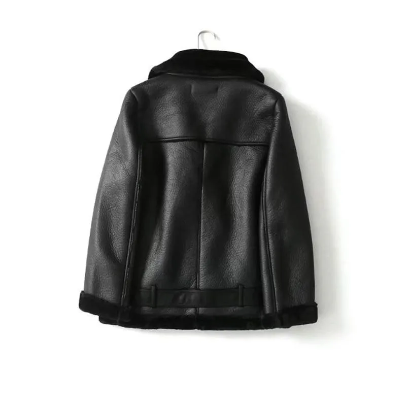 Autumn Winter Synthetic Leather Soft Coat Fur Collar Zipper Women's Jacket