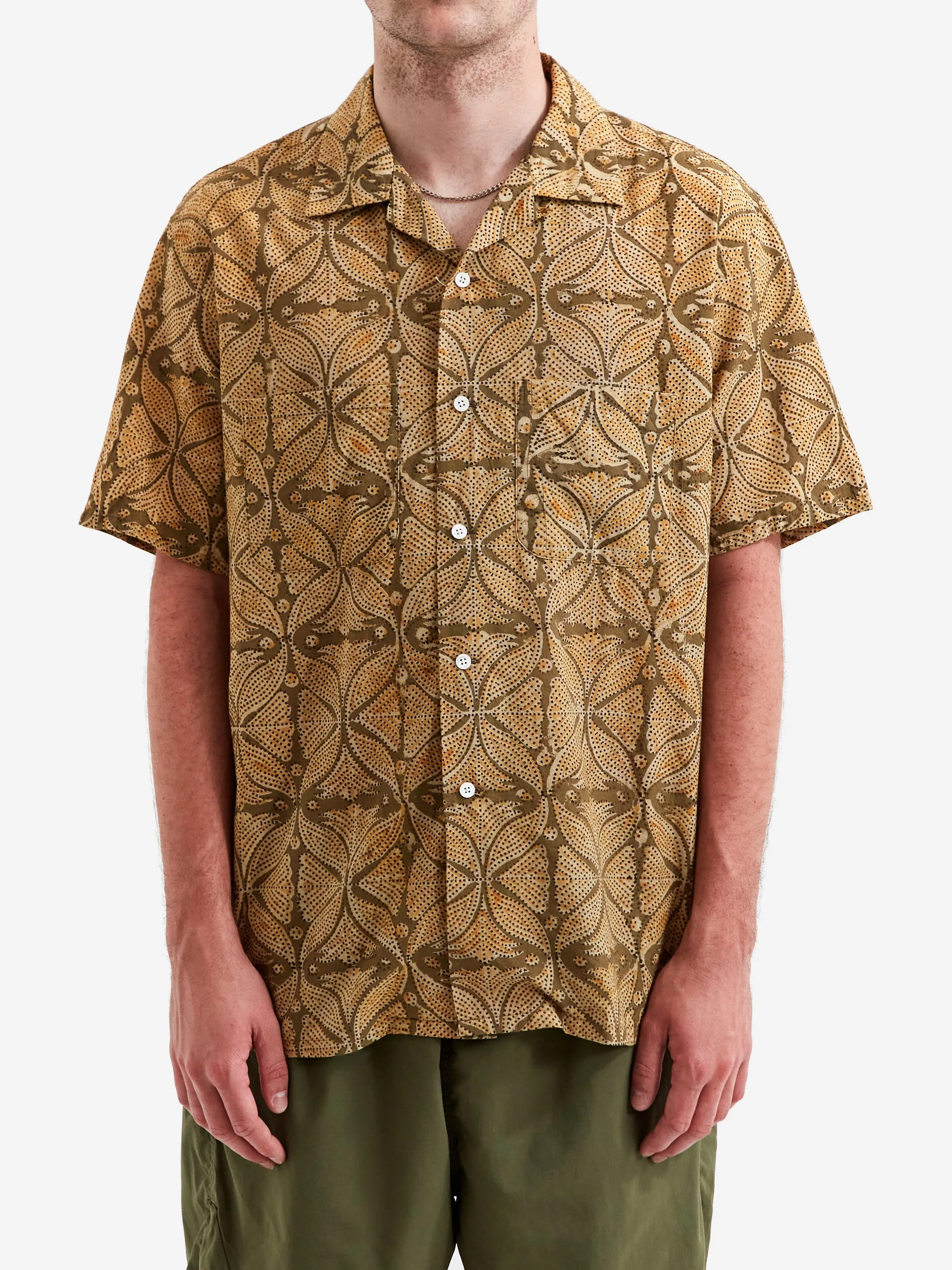 Beams Plus Open Collar Block Print Plant Shirt - Khaki