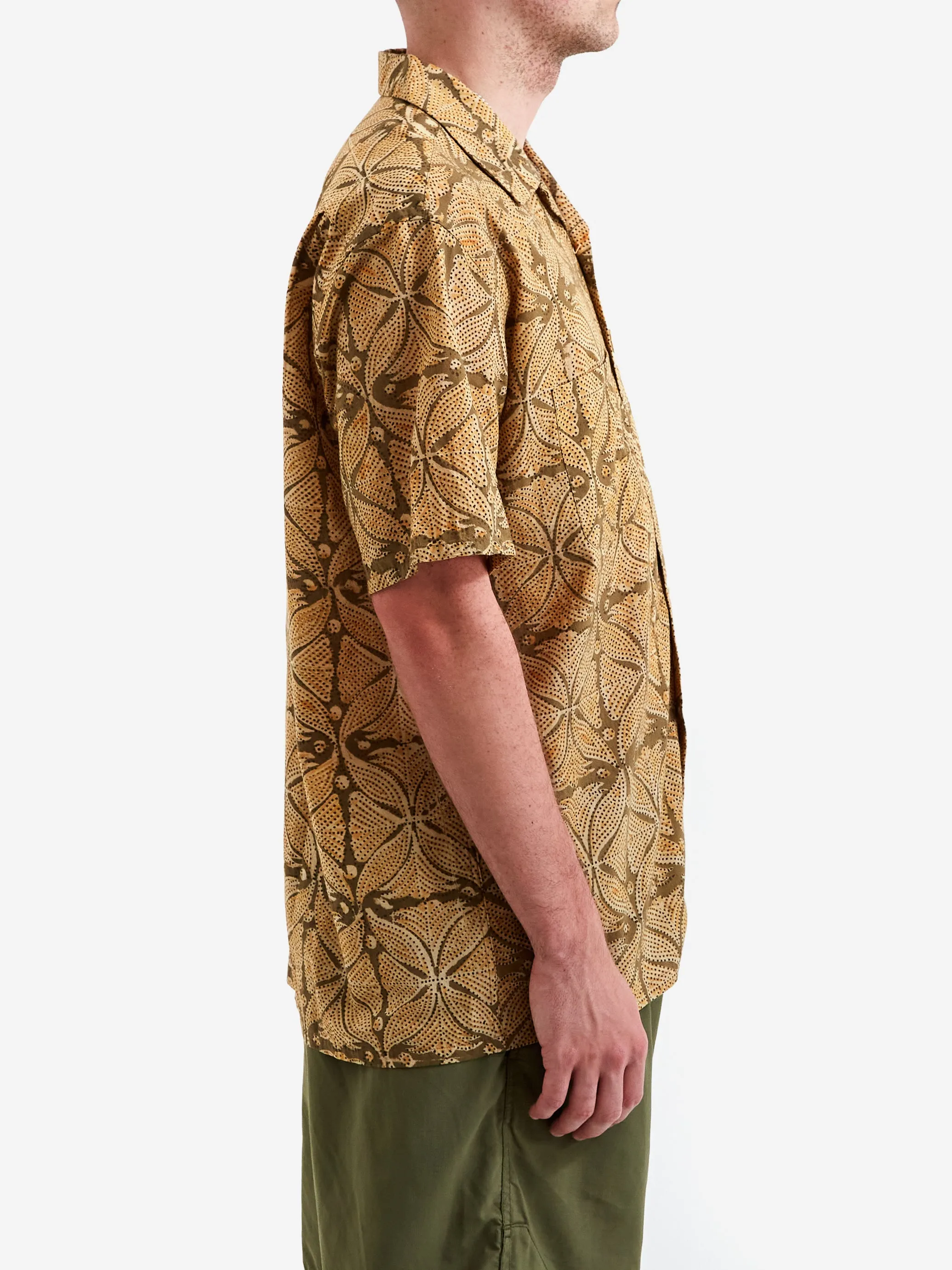 Beams Plus Open Collar Block Print Plant Shirt - Khaki