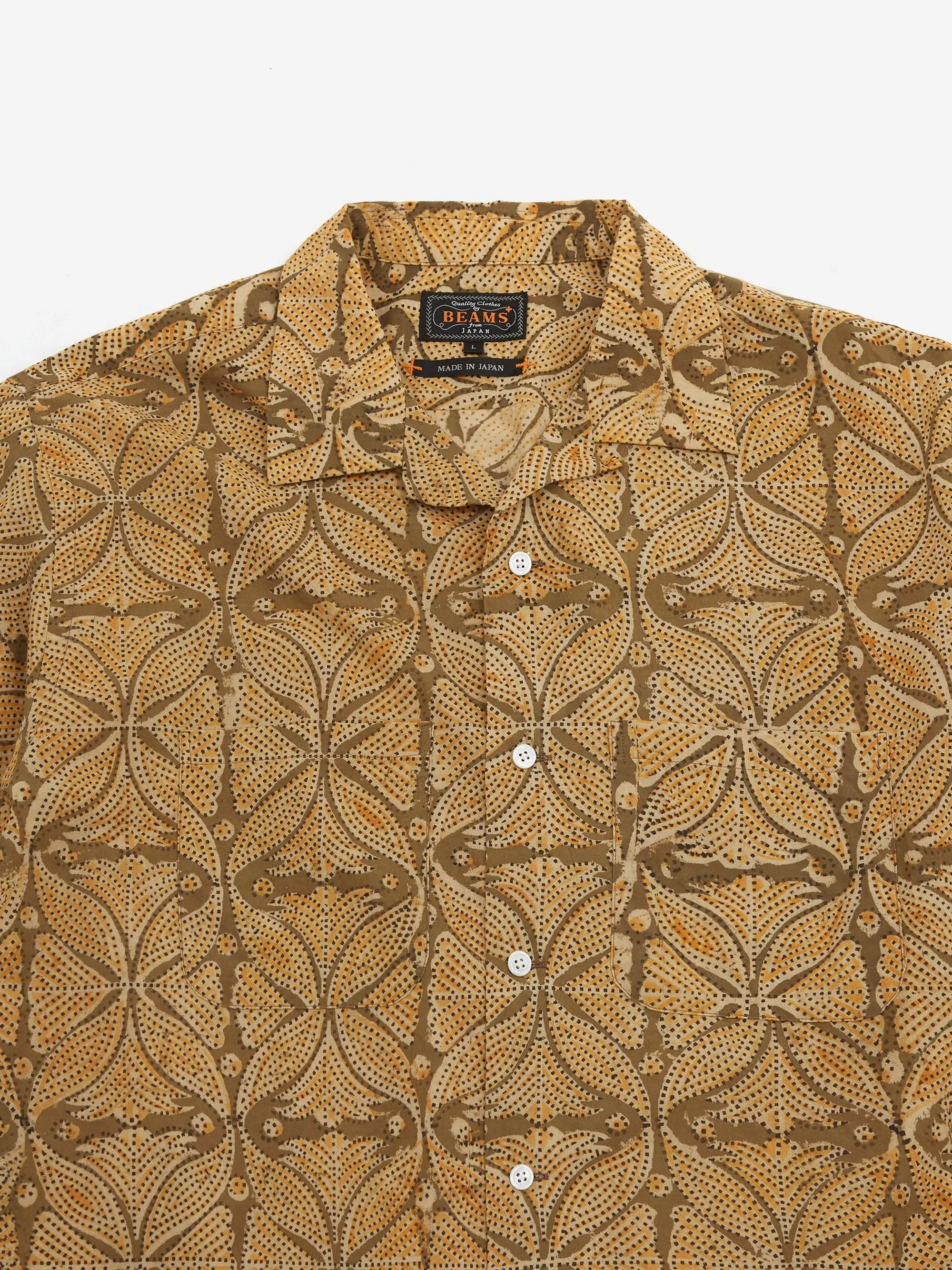 Beams Plus Open Collar Block Print Plant Shirt - Khaki