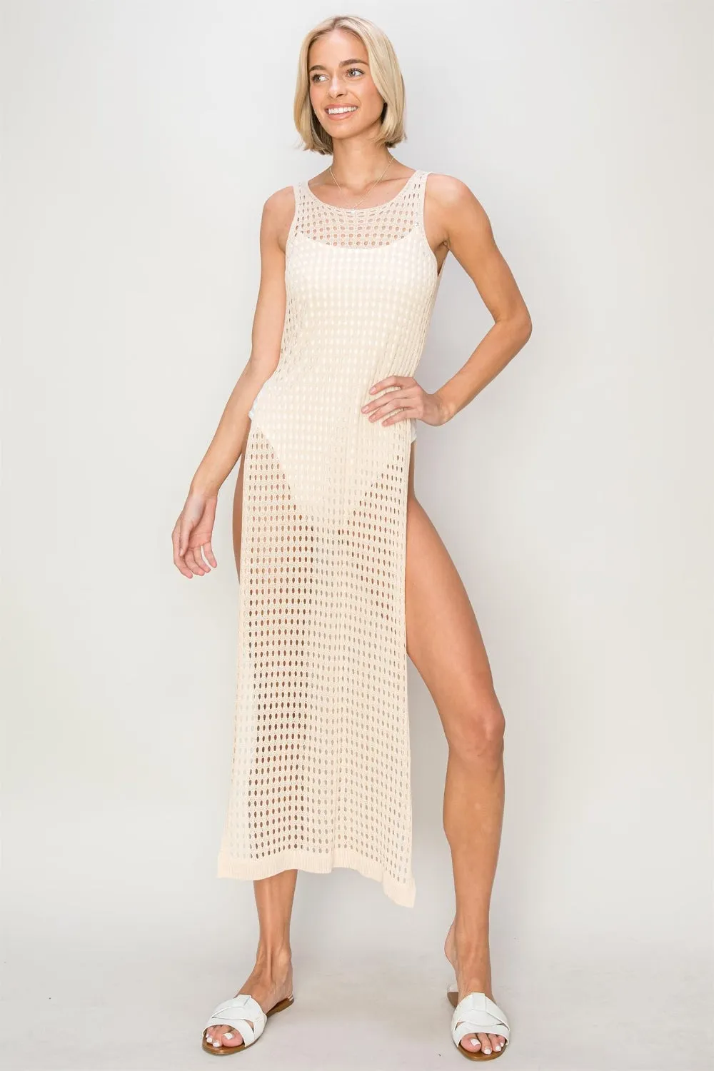 Beige Crochet Backless Cover Up Dress