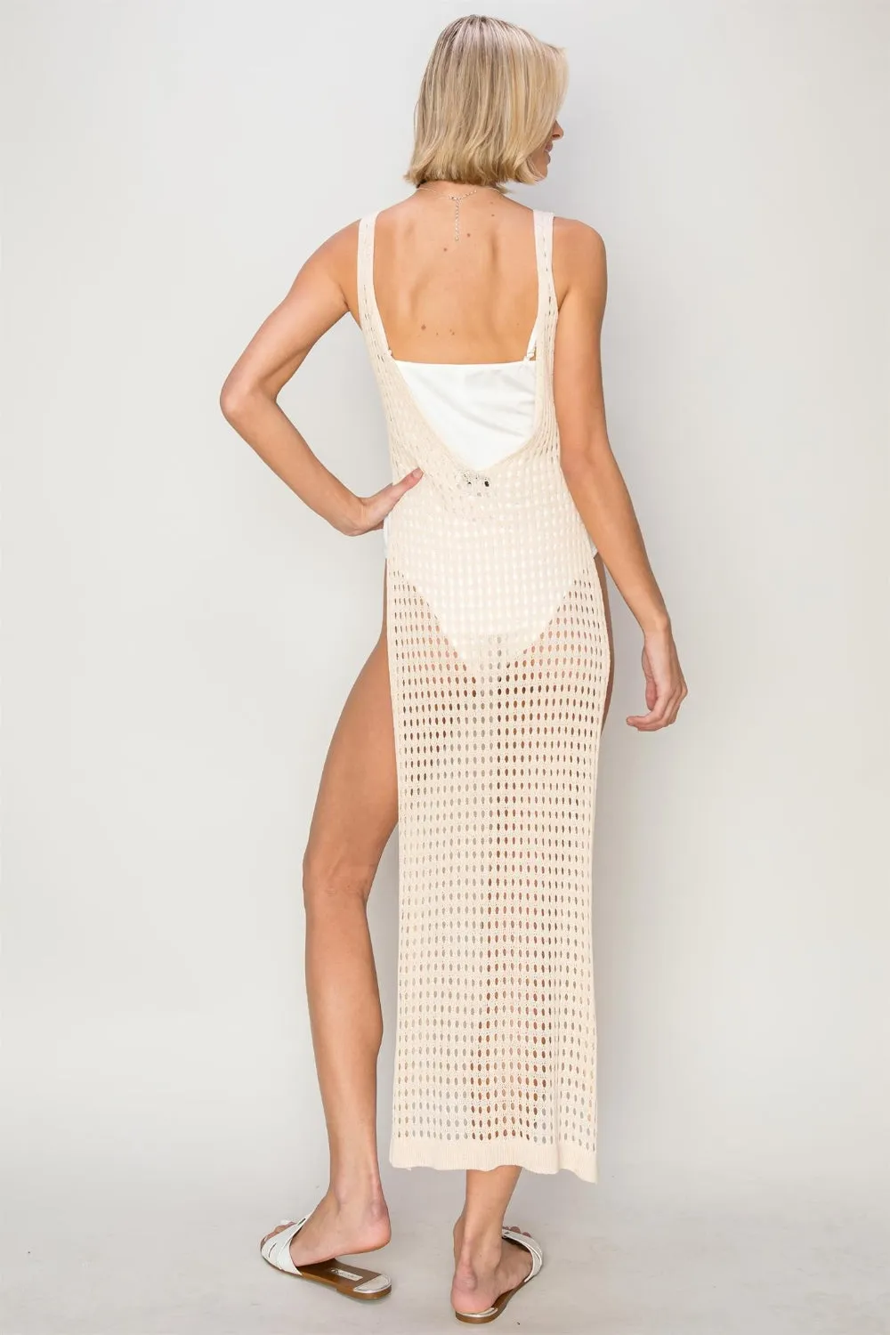 Beige Crochet Backless Cover Up Dress