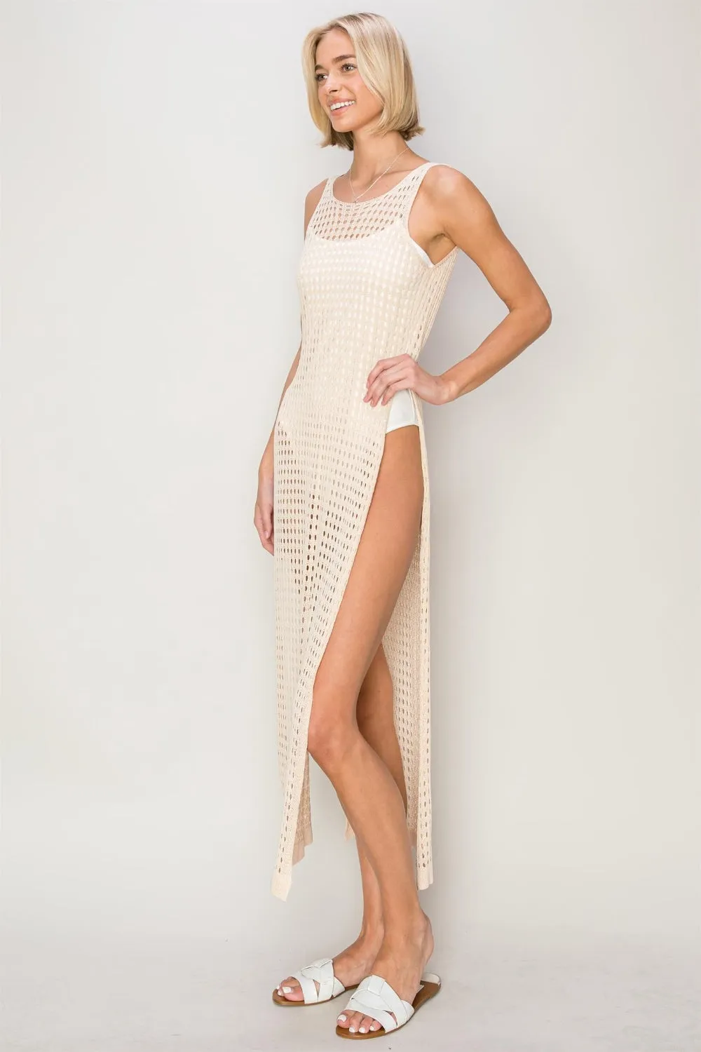 Beige Crochet Backless Cover Up Dress