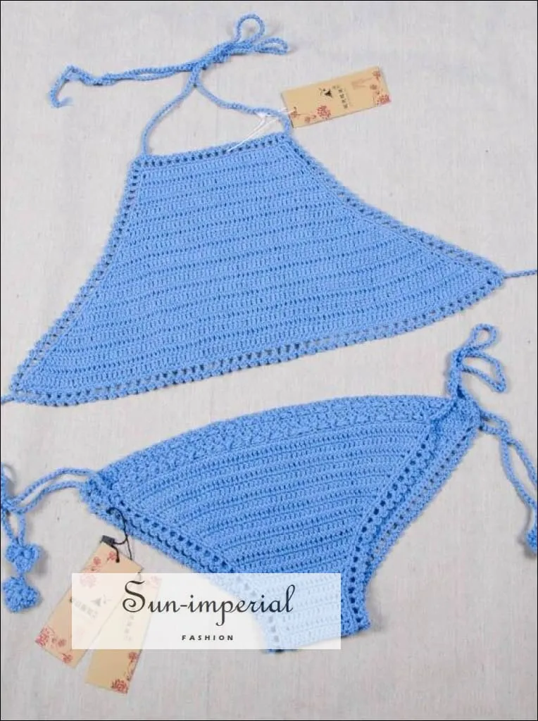 Beige Crochet Bikinis Sets Handmade Knitted Cotton Swimwear Swimsuit top   bottom