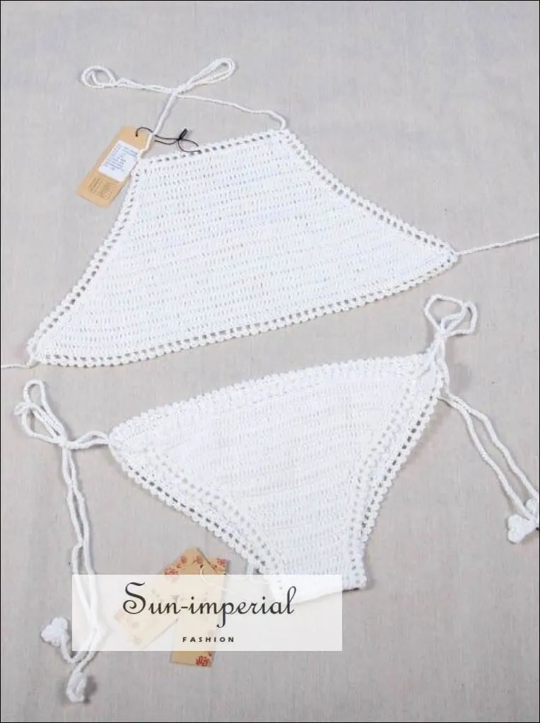 Beige Crochet Bikinis Sets Handmade Knitted Cotton Swimwear Swimsuit top   bottom