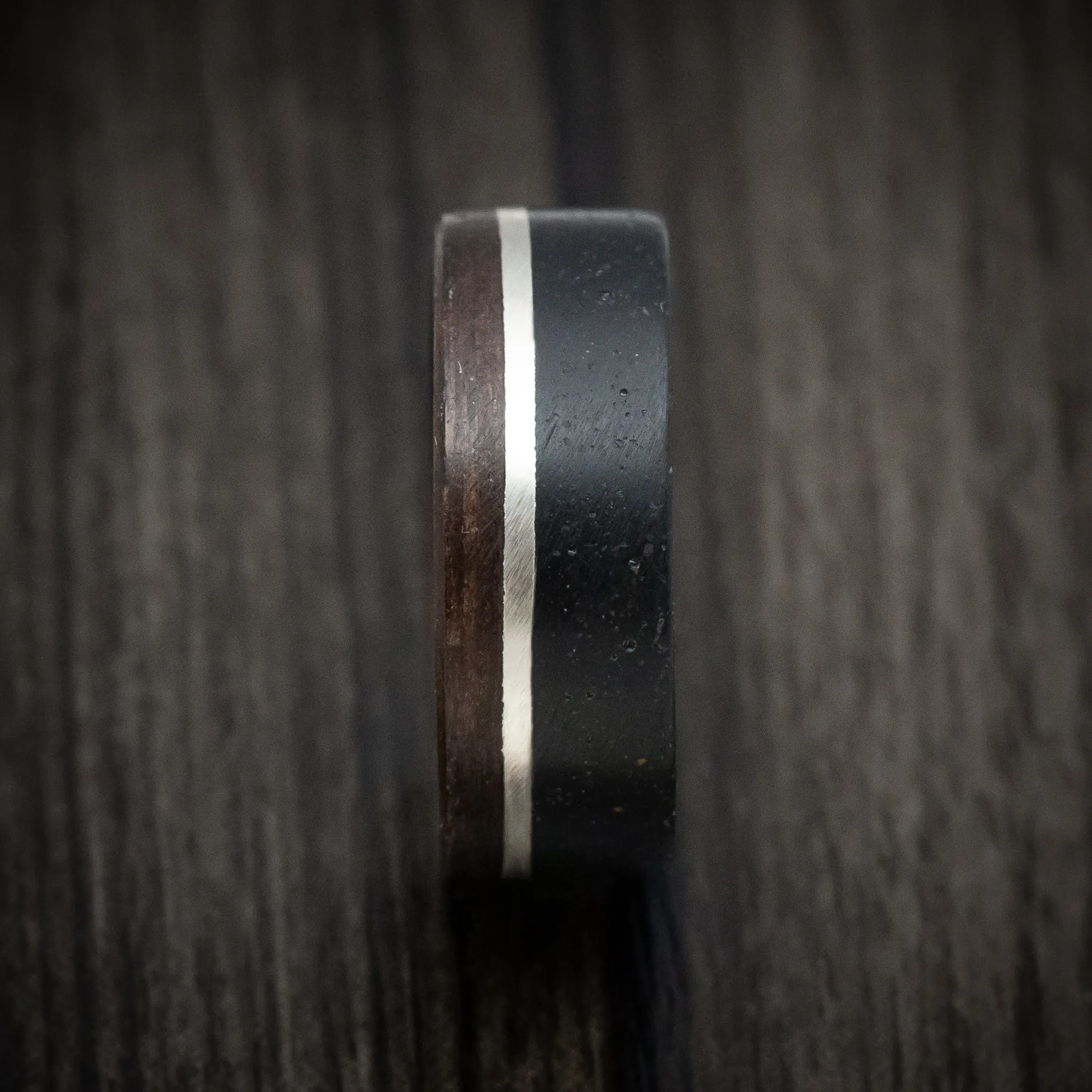 Black Concrete Men's Ring with Wenge Wood and Silver Inlays Custom Made Band