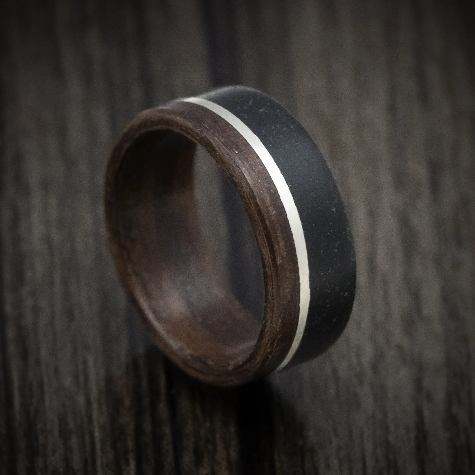 Black Concrete Men's Ring with Wenge Wood and Silver Inlays Custom Made Band