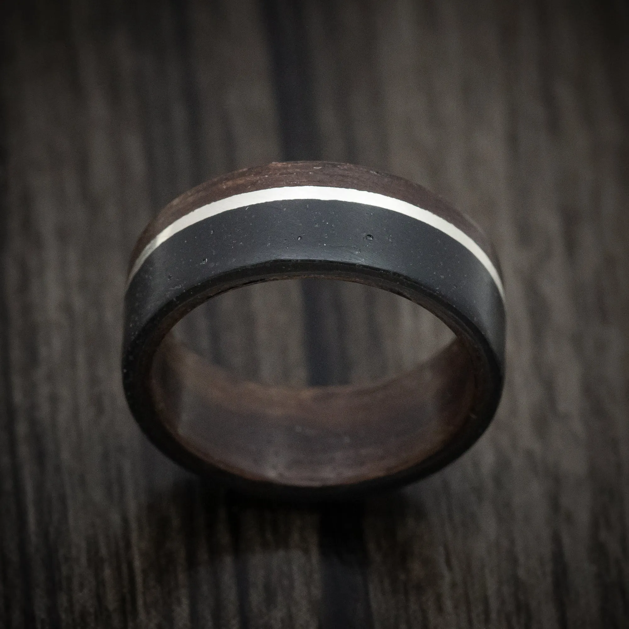 Black Concrete Men's Ring with Wenge Wood and Silver Inlays Custom Made Band