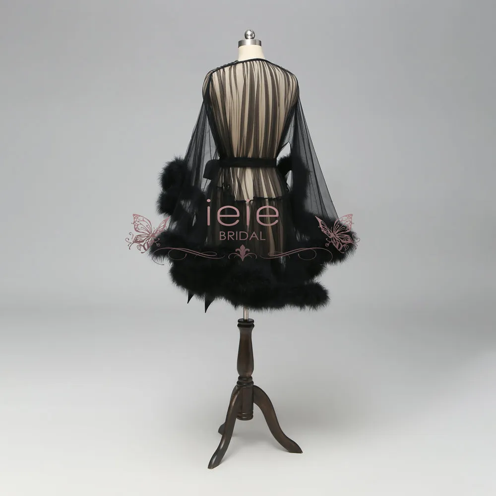 Black Honeymoon Wedding Marabou Fur Edge Boudoir Robe CICI