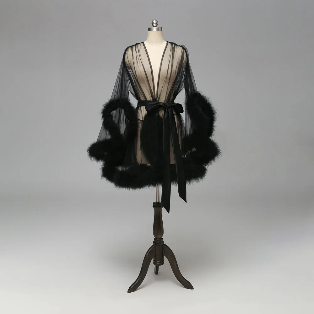 Black Honeymoon Wedding Marabou Fur Edge Boudoir Robe CICI