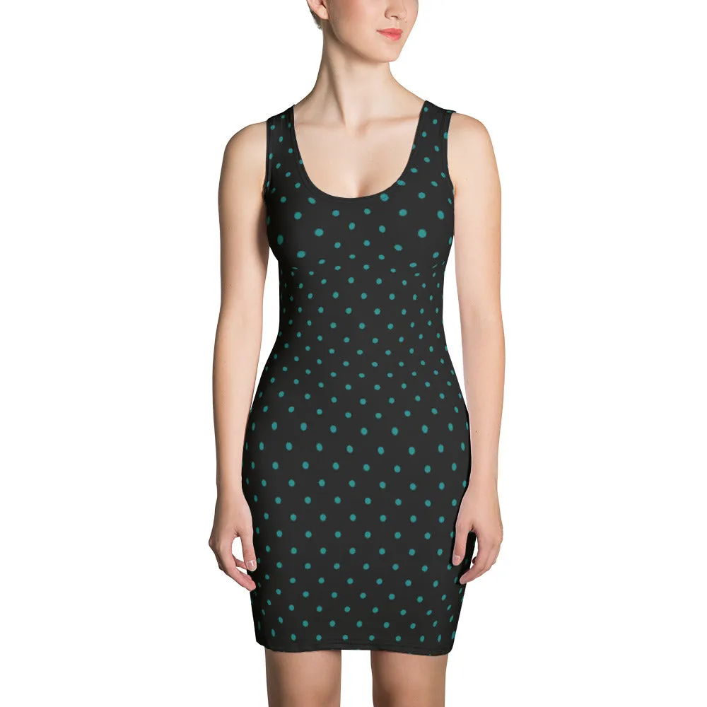 Black Teal Blue Dress, Classic Polka Dots Women's Sleeveless Crewneck Dress-Made in USA/EU