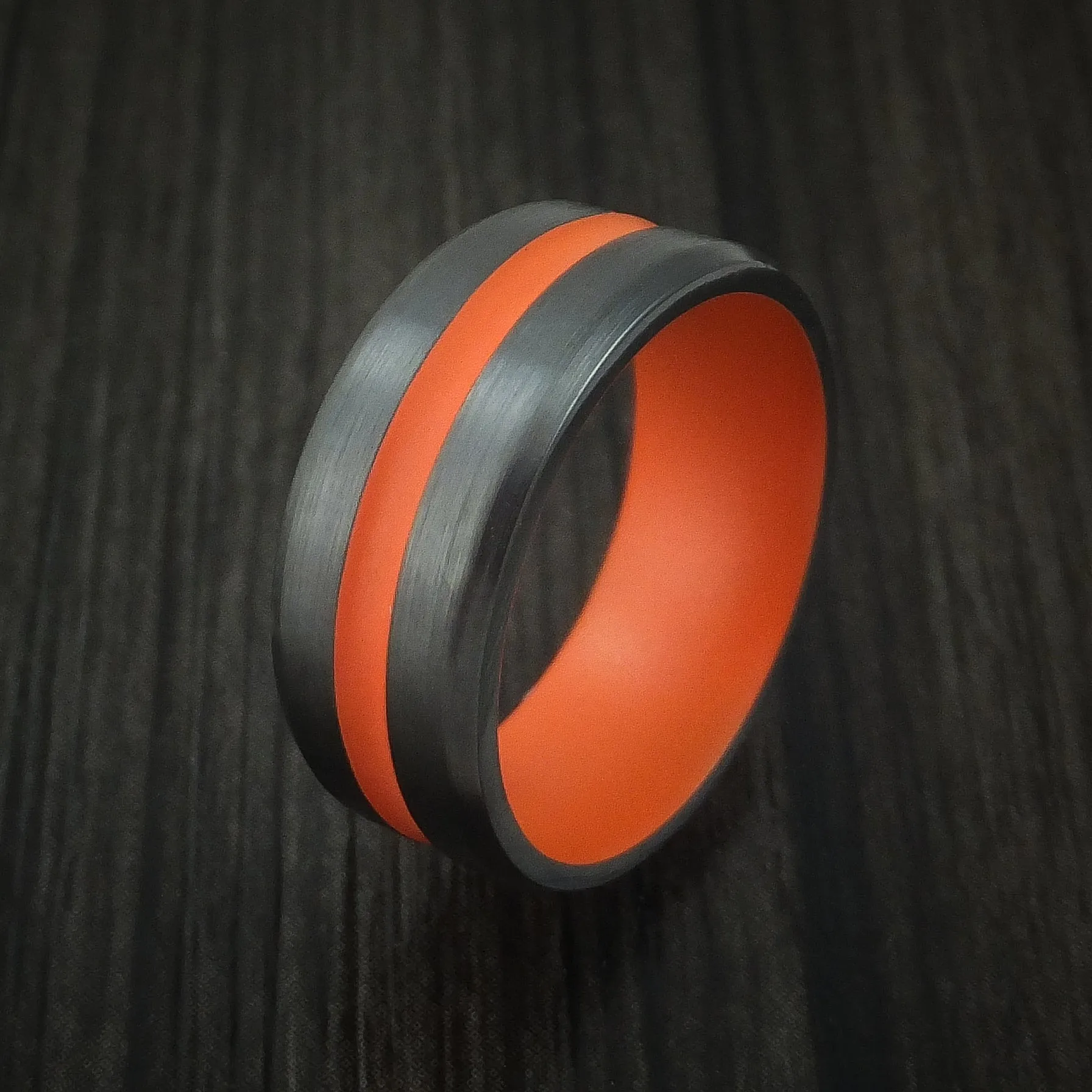 Black Titanium Men's Ring with Hunter Orange Cerakote Groove and Sleeve Custom Made Band