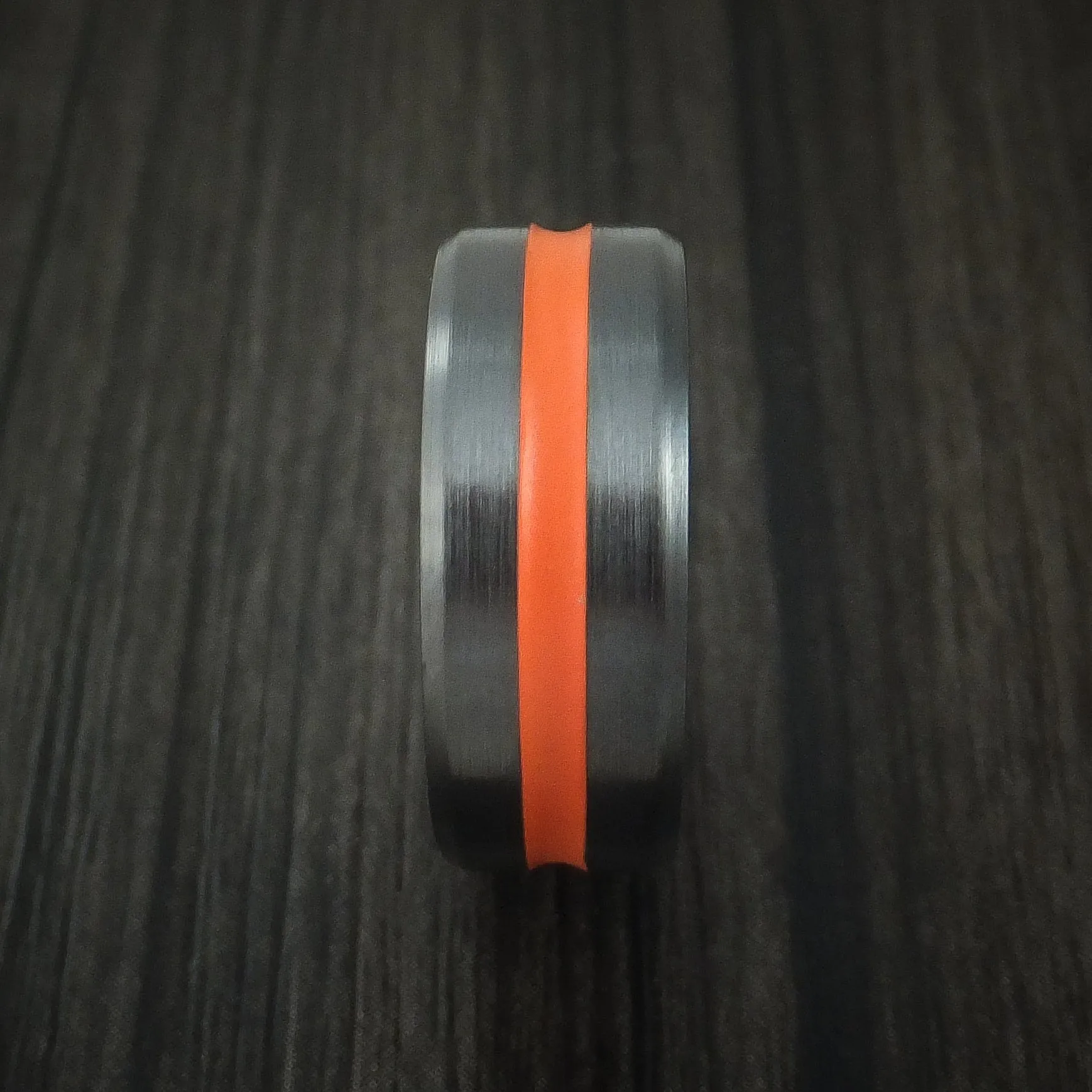 Black Titanium Men's Ring with Hunter Orange Cerakote Groove and Sleeve Custom Made Band