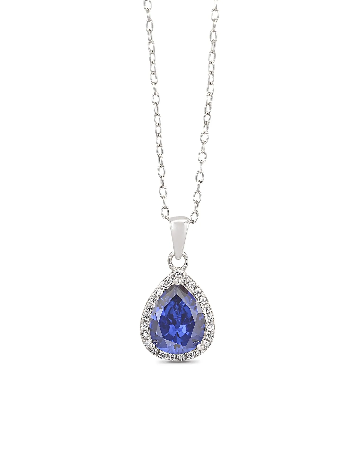 Blue Sapphire And American Diamond Halo Pendant With Chain Made With 925 Sterling Silver