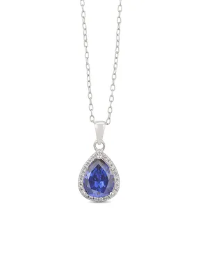 Blue Sapphire And American Diamond Halo Pendant With Chain Made With 925 Sterling Silver