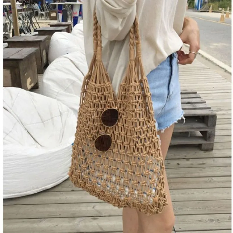 Bolsos Tejidos Crochet Hollow Woven Buckle Beach Tote Bag