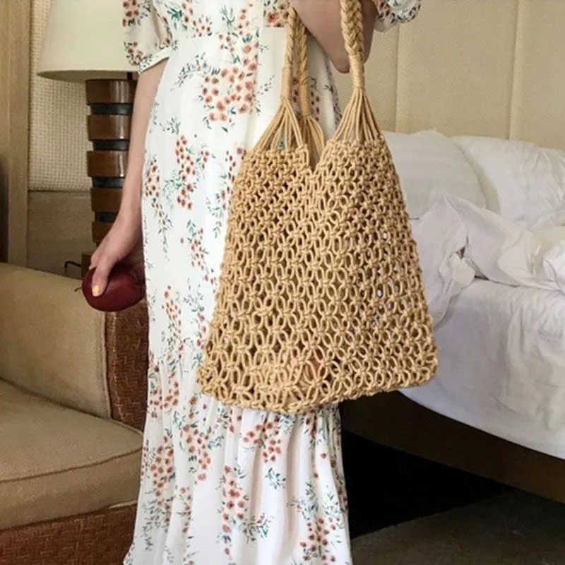 Bolsos Tejidos Crochet Hollow Woven Buckle Beach Tote Bag