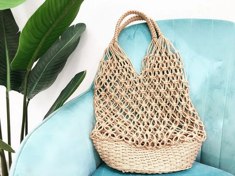 Bolsos Tejidos Crochet Hollow Woven Buckle Beach Tote Bag