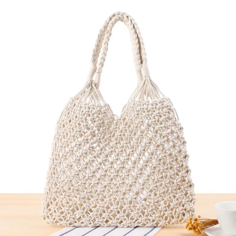 Bolsos Tejidos Crochet Hollow Woven Buckle Beach Tote Bag