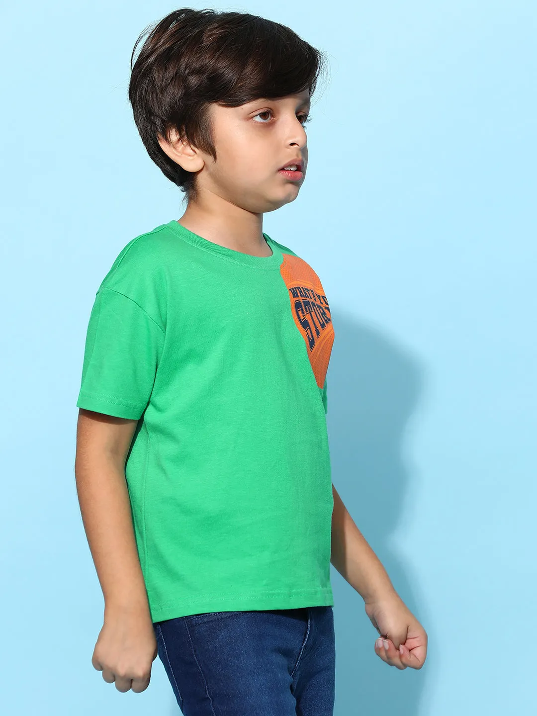 Boys Green 100% Cotton Printed T-shirt