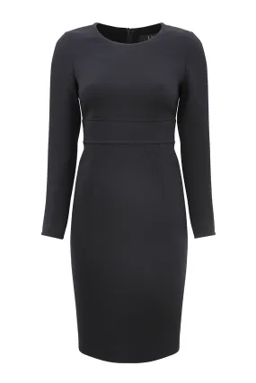 Business Dress in Black Wool Double Crepe with Long Sleeves - Toni