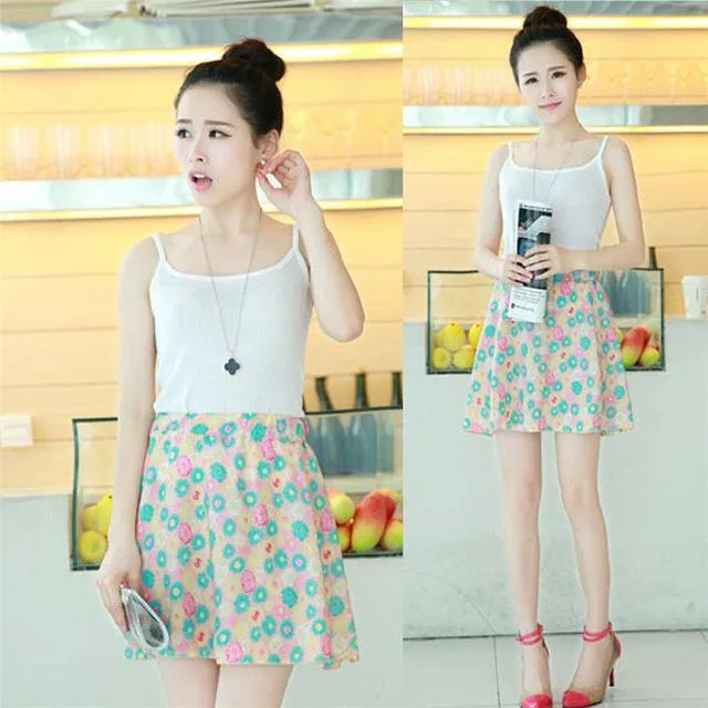 Chiffon Mini Skirts Print A-line Pleated With Lining