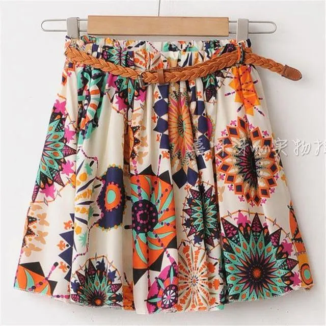 Chiffon Mini Skirts Print A-line Pleated With Lining